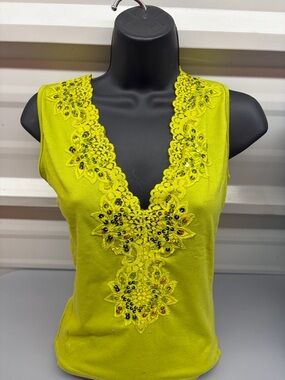 Sleeveless Yellow Embellished V-Neck Women's Top
